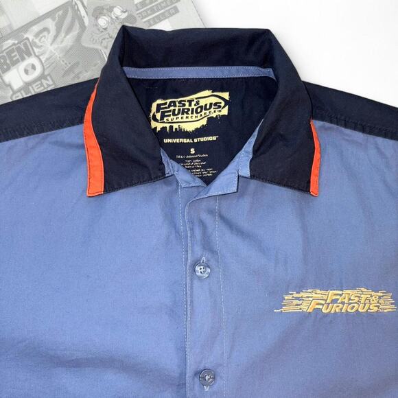 Blue/Orange Universal Studios Fast & Furious Graphic Embroidered Button Up - Picture 3 of 4